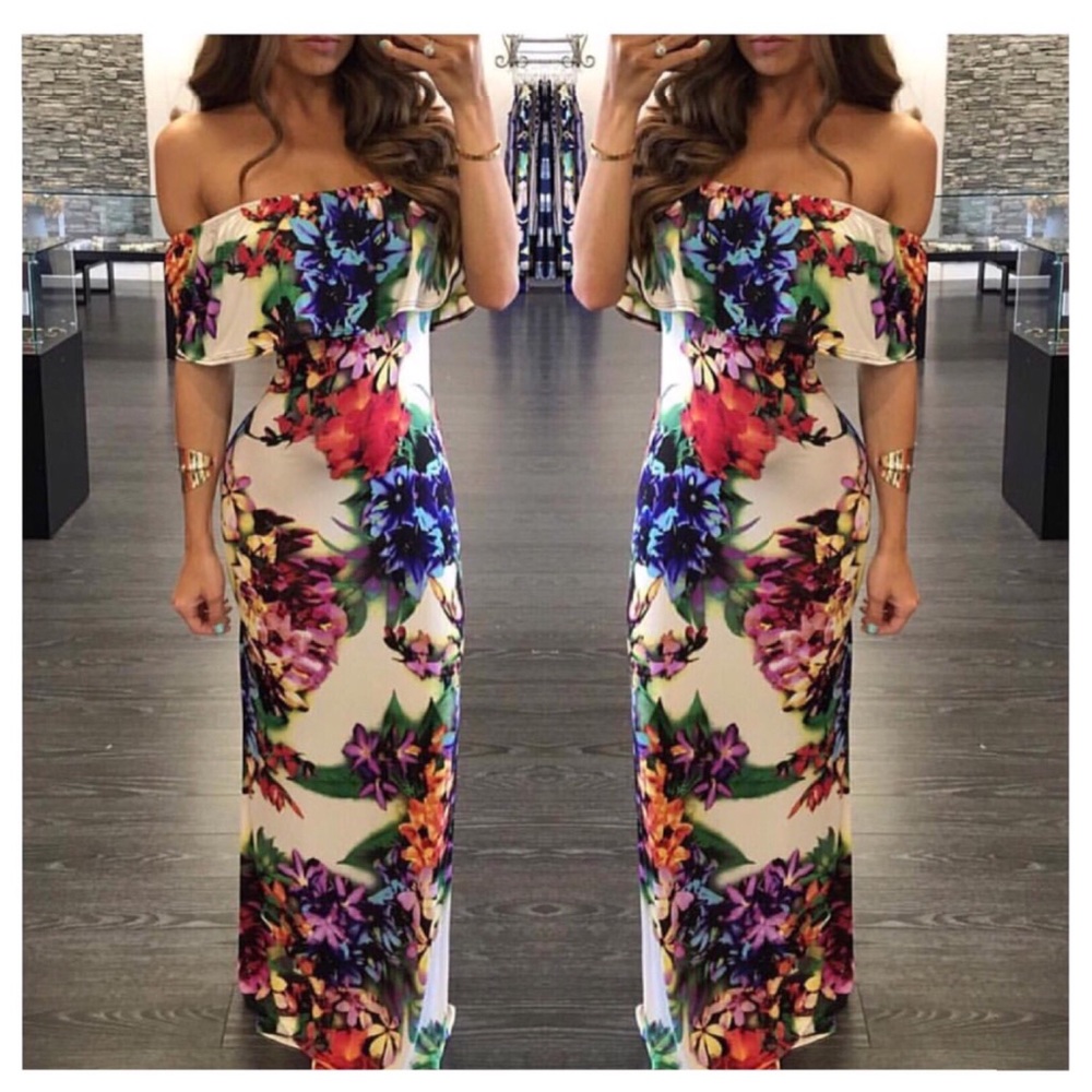 Cream Floral Off Shoulder Maxi